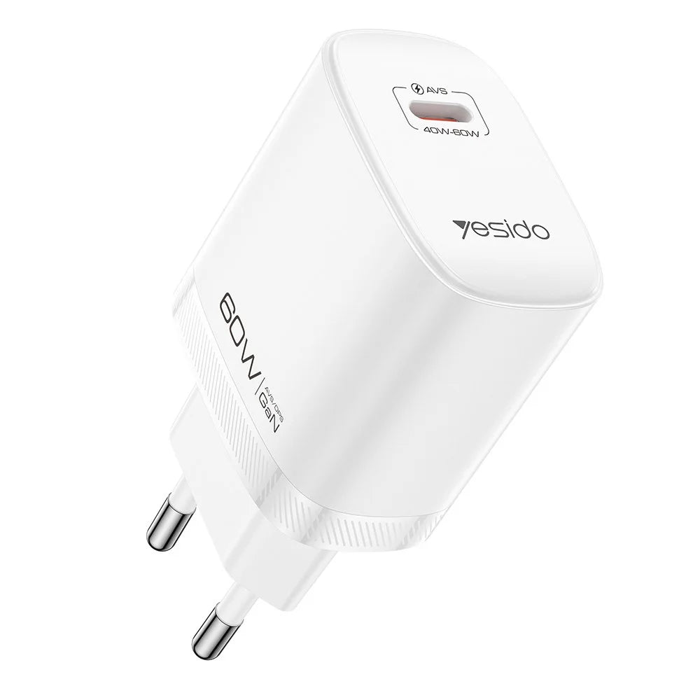 YESIDO YC115 USB-C GaN Charger 40-60W AVS Dynamic Power Adapter with Type-C to Type-C Cable, EU Plug - White - 1