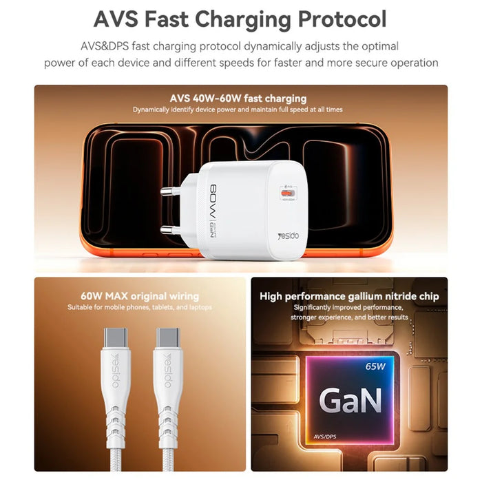 YESIDO YC115 USB-C GaN Charger 40-60W AVS Dynamic Power Adapter with Type-C to Type-C Cable, EU Plug - White - 2