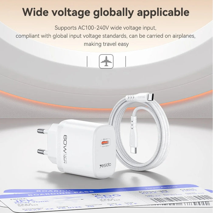 YESIDO YC115 USB-C GaN Charger 40-60W AVS Dynamic Power Adapter with Type-C to Type-C Cable, EU Plug - White - 6