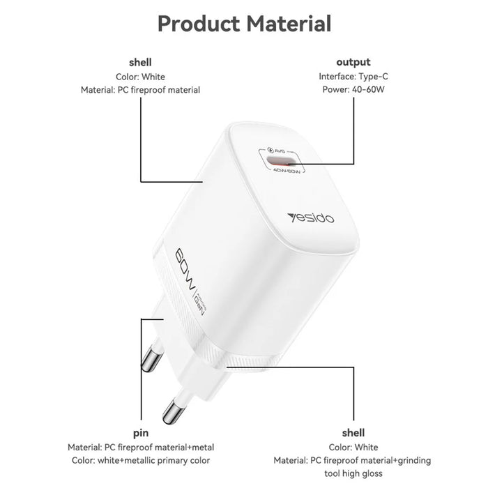 YESIDO YC115 USB-C GaN Charger 40-60W AVS Dynamic Power Adapter with Type-C to Type-C Cable, EU Plug - White - 7