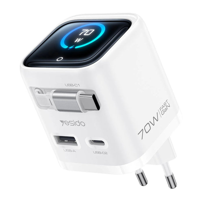 YESIDO YC123 70W GaN Fast Charger with TFT Display USB-C + USB-A Ports Built-In 70cm Retractable USB-C Cable, EU Plug - White - 1