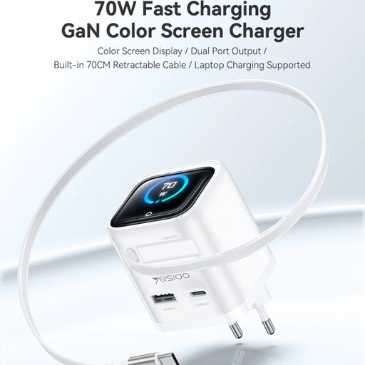 YESIDO YC123 70W GaN Fast Charger with TFT Display USB-C + USB-A Ports Built-In 70cm Retractable USB-C Cable, EU Plug - White - 2