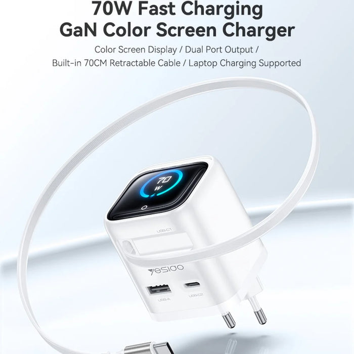 YESIDO YC123 70W GaN Fast Charger with TFT Display USB-C + USB-A Ports Built-In 70cm Retractable USB-C Cable, EU Plug - White - 2