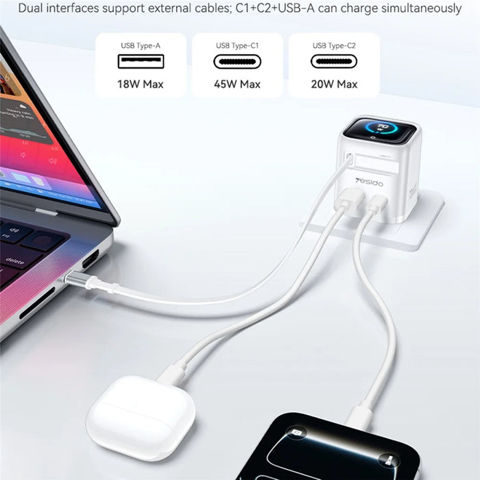 YESIDO YC123 70W GaN Fast Charger with TFT Display USB-C + USB-A Ports Built-In 70cm Retractable USB-C Cable, EU Plug - White - 3