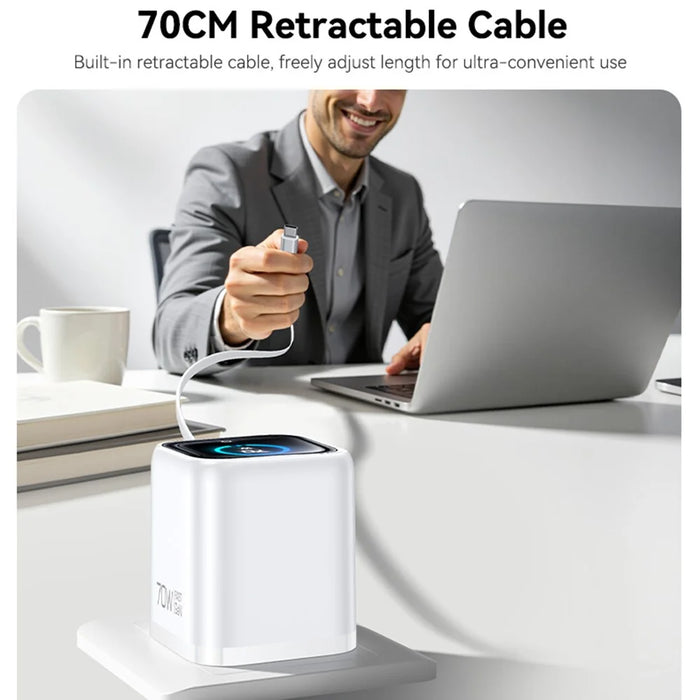 YESIDO YC123 70W GaN Fast Charger with TFT Display USB-C + USB-A Ports Built-In 70cm Retractable USB-C Cable, EU Plug - White - 7