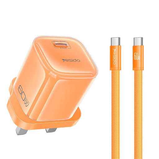 YESIDO YC161 60W Dynamic Charger USB-C PD Fast Charging Adapter with Type-C to Type-C Cable , UK Plug - Orange - 1