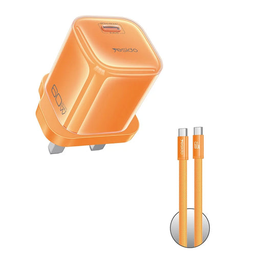 YESIDO YC161 60W Dynamic Charger USB-C PD Fast Charging Adapter with Type-C to Type-C Cable , UK Plug - Orange - 2
