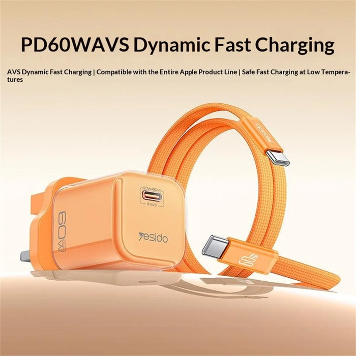 YESIDO YC161 60W Dynamic Charger USB-C PD Fast Charging Adapter with Type-C to Type-C Cable , UK Plug - Orange - 3
