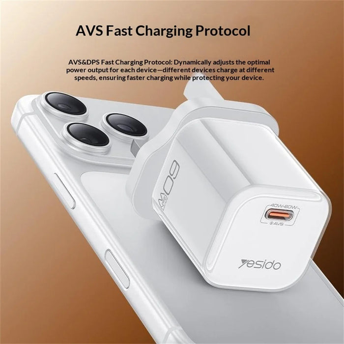 YESIDO YC161 60W Dynamic Charger USB-C PD Fast Charging Adapter with Type-C to Type-C Cable , UK Plug - Orange - 4