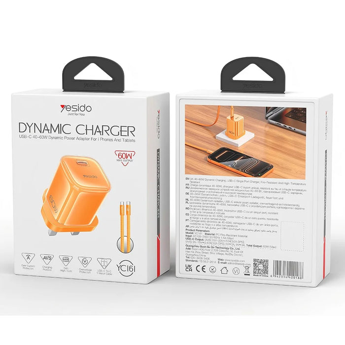 YESIDO YC161 60W Dynamic Charger USB-C PD Fast Charging Adapter with Type-C to Type-C Cable , UK Plug - Orange - 7