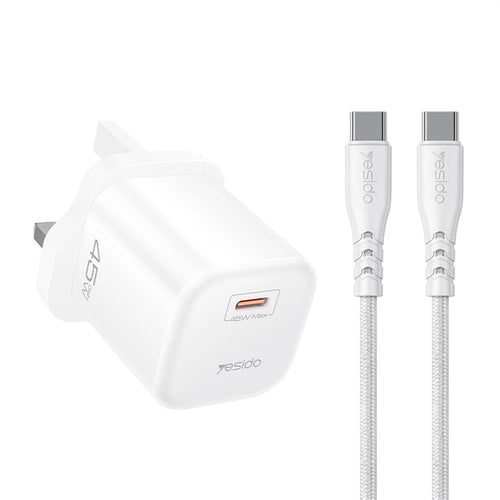 YESIDO YC160 45W GaN Charger USB-C PD Fast Charging Adapter with Type-C Cable , UK Plug - White - 1