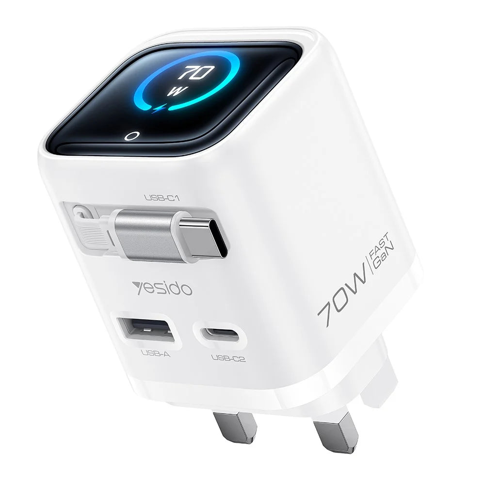 YESIDO YC162 GaN Charger 70W TFT Display Type-C + USB-A Adapter with 70cm Retractable Cable , UK Plug - White - 1