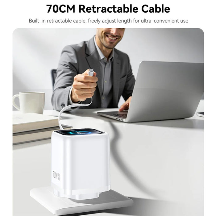 YESIDO YC162 GaN Charger 70W TFT Display Type-C + USB-A Adapter with 70cm Retractable Cable , UK Plug - White - 7