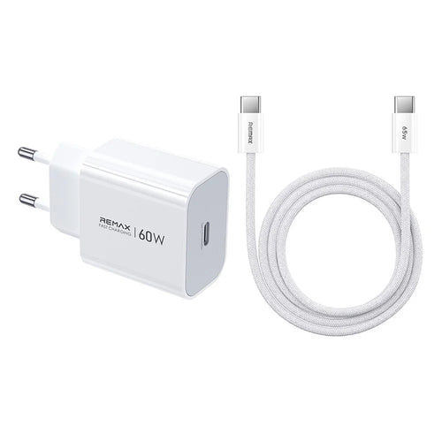 REMAX CA10 60W Type-C GaN Fast Charger Adapter + Type-C Cable Set for iPhone MacBook iPad , EU Plug - White - 1