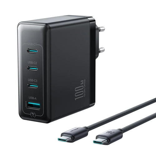 JOYROOM JR-TG11 100W GaN Fast Charger 4-Port Power Adapter EU Plug with 2m 240W USB-C Cable - Black - 1