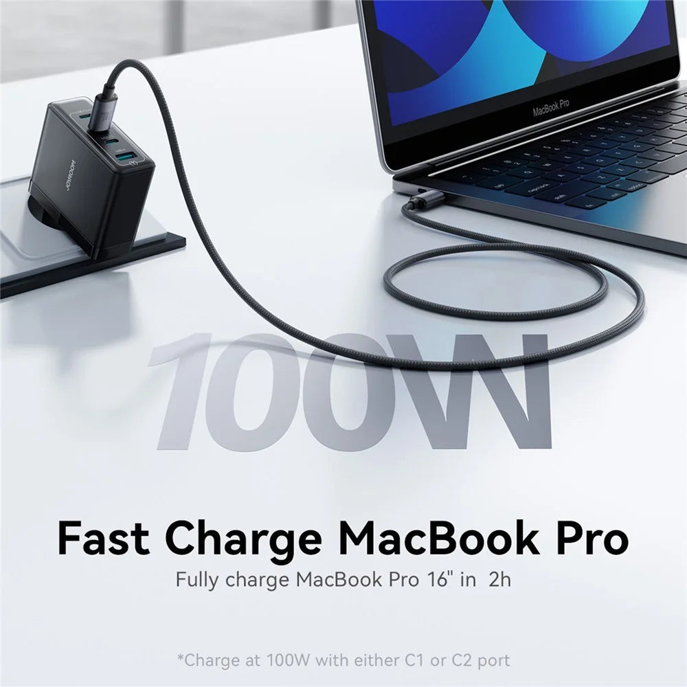 JOYROOM JR-TG11 100W GaN Fast Charger 4-Port Power Adapter EU Plug with 2m 240W USB-C Cable - Black - 3