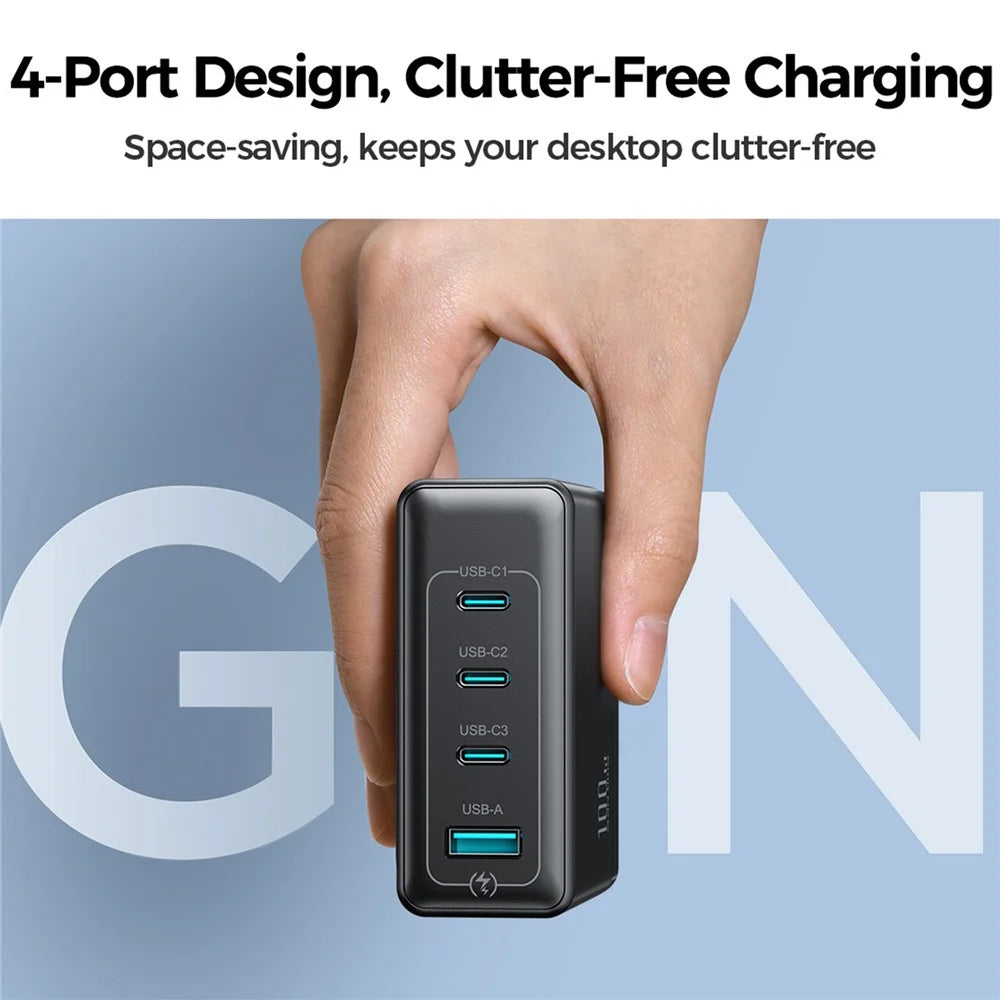 JOYROOM JR-TG11 100W GaN Fast Charger 4-Port Power Adapter EU Plug with 2m 240W USB-C Cable - Black - 5