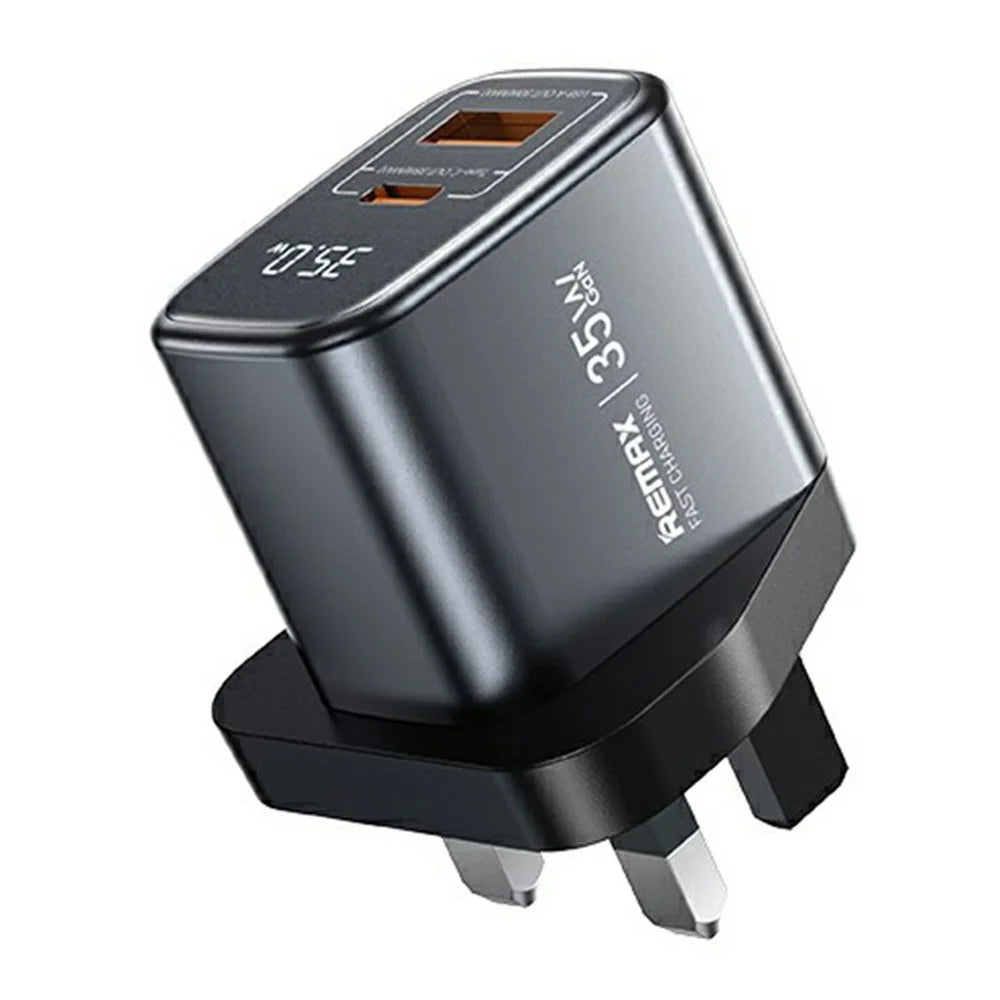 REMAX U2-AC35W GaN Digital Display Fast Charging Adapter 35W Type-C USB-A Charger, UK Plug - Black - 1