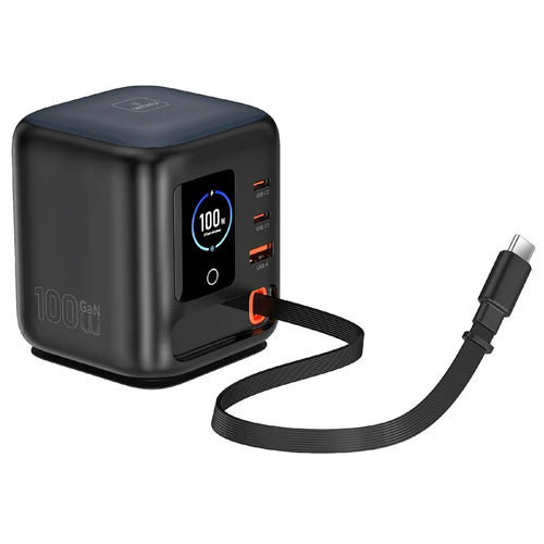 WIWU Wi-G039 100W GaN Desktop Charger with Retractable USB-C Cable OLED Display Fast Charging Station for Laptop - Black - 1