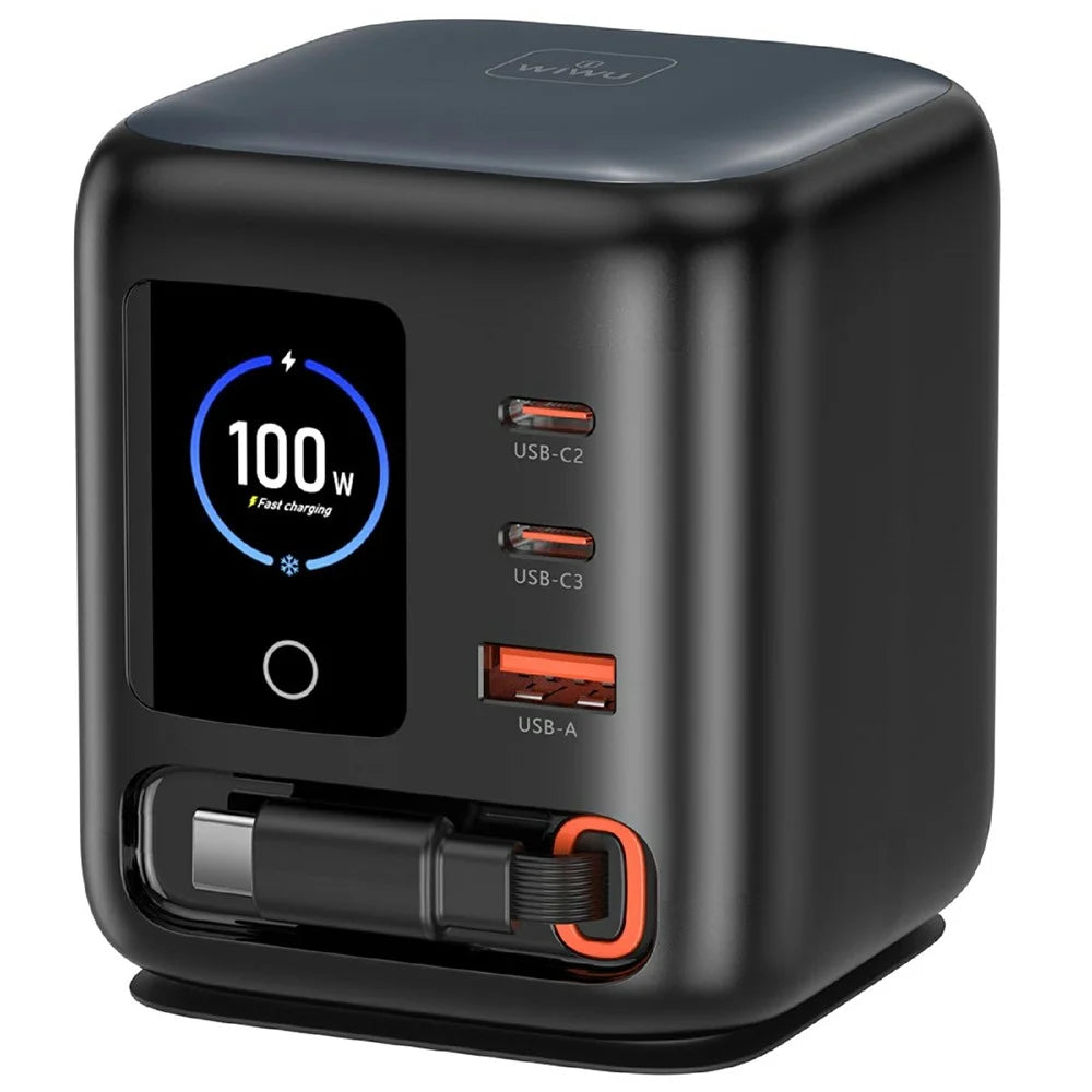 WIWU Wi-G039 100W GaN Desktop Charger with Retractable USB-C Cable OLED Display Fast Charging Station for Laptop - Black - 2