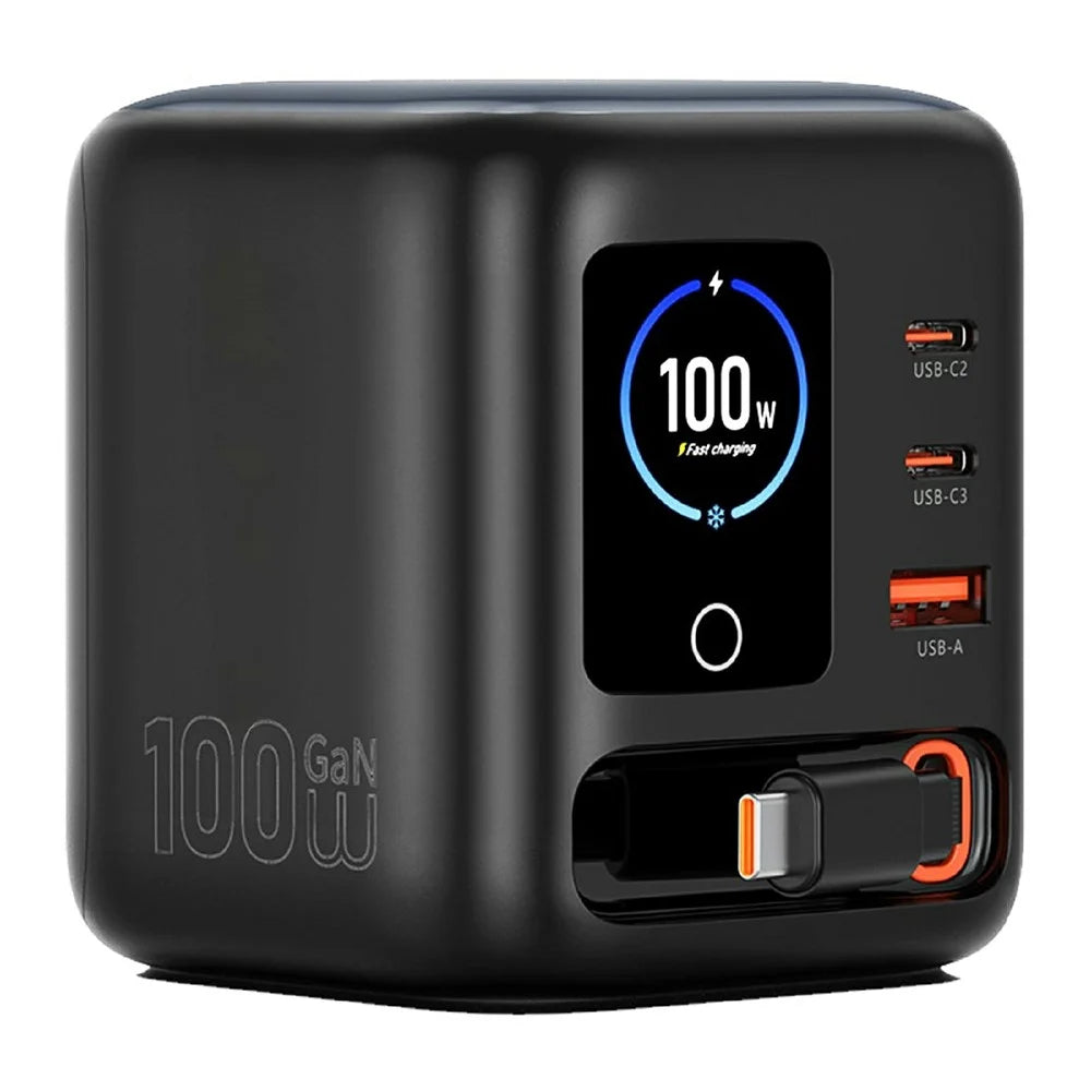 WIWU Wi-G039 100W GaN Desktop Charger with Retractable USB-C Cable OLED Display Fast Charging Station for Laptop - Black - 3