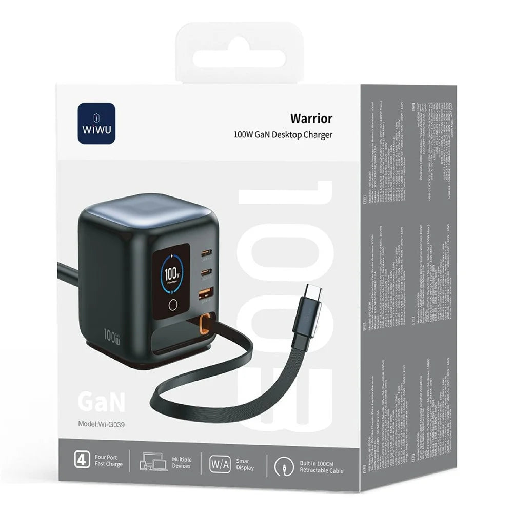WIWU Wi-G039 100W GaN Desktop Charger with Retractable USB-C Cable OLED Display Fast Charging Station for Laptop - Black - 5