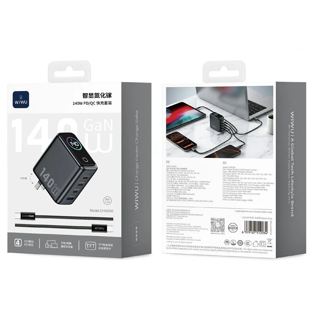WIWU CHG200 140W GaN Wall Charger USB-A + Type-C 4-Port Fast Charging with TFT Display for Laptop Phone Tablet - US Plug - 4