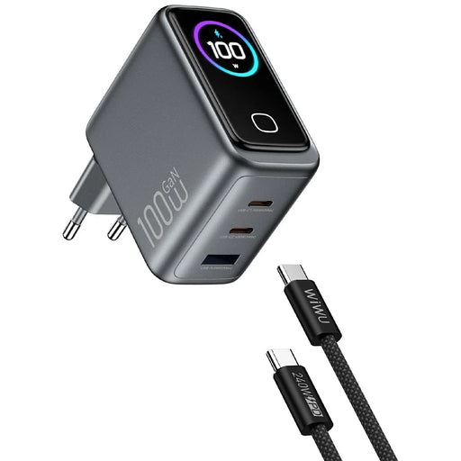 WIWU CHG300 100W GaN Wall Charger 3-Port Fast Charging Smart Display for Laptop Phone Tablet, EU Plug - 1