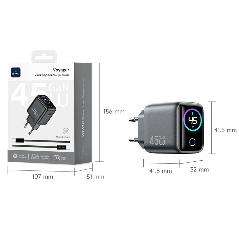 WIWU CHG500 45W USB-C GaN Wall Charger Smart Display PD QC Fast Charging for iPhone Phone Laptop, EU Plug - 5