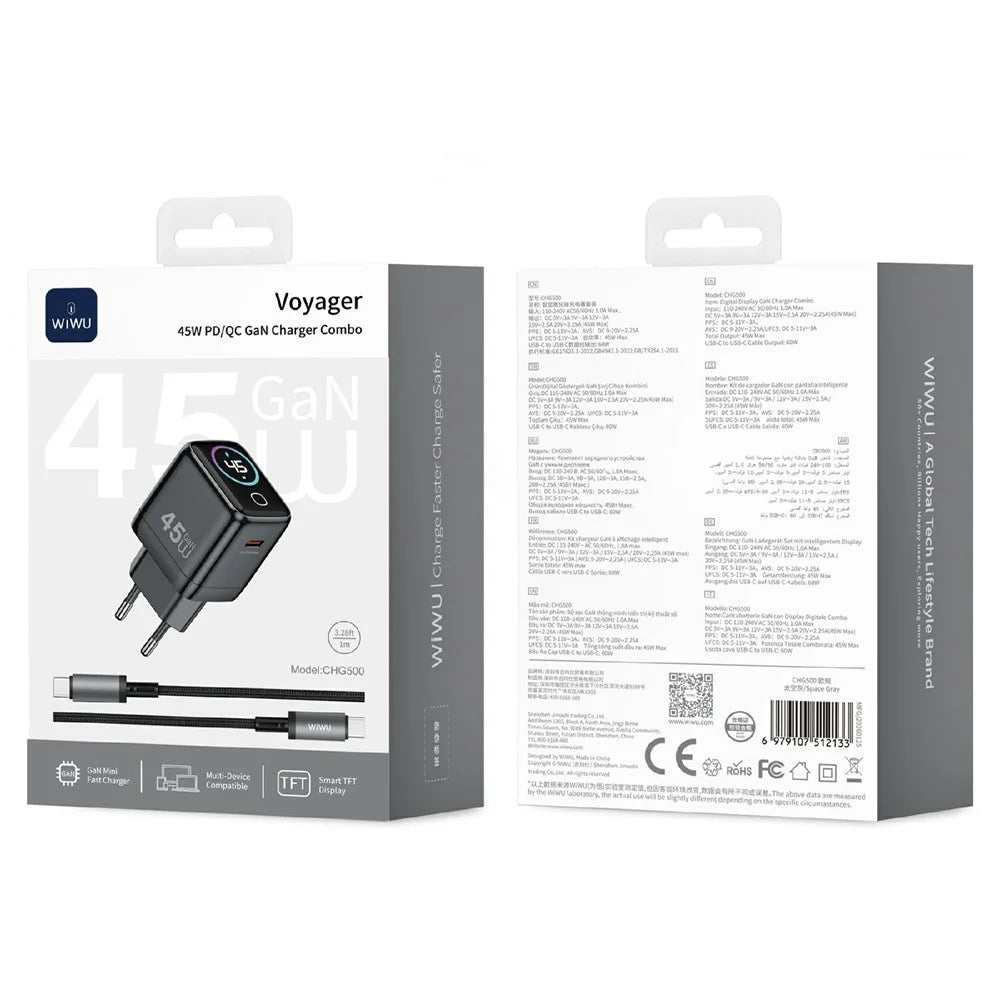 WIWU CHG500 45W USB-C GaN Wall Charger Smart Display PD QC Fast Charging for iPhone Phone Laptop, EU Plug - 6