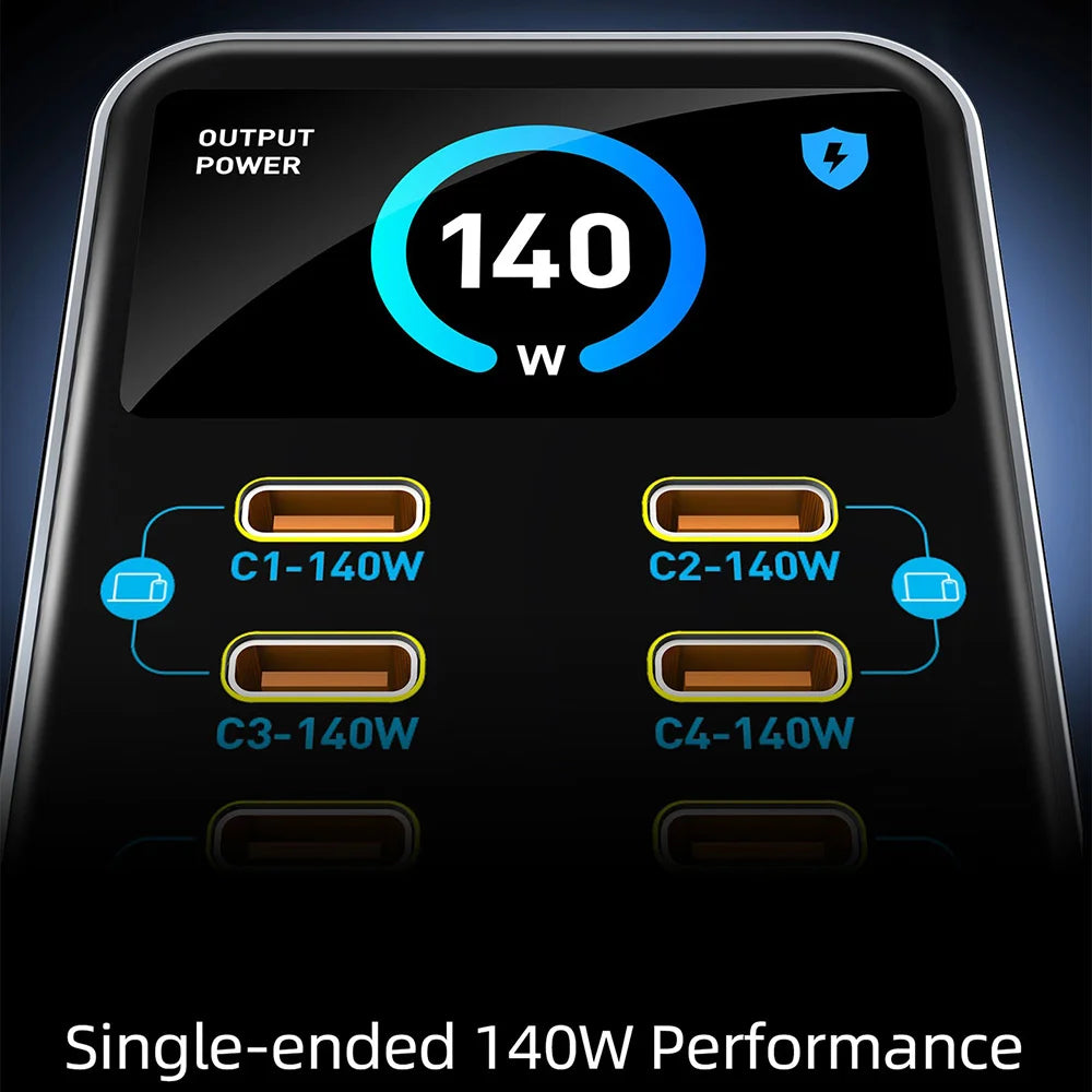 WLX-G2 140W Fast Charger USB-A + USB-C 10 Ports GaN Desktop Charging Station with 1.47 Inch Display - US Plug - 4