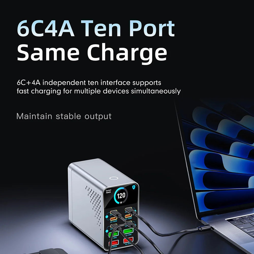 WLX-G2 140W Fast Charger USB-A + USB-C 10 Ports GaN Desktop Charging Station with 1.47 Inch Display - US Plug - 5