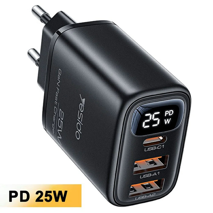 YESIDO YC120L 25W Fast Charger with USB-C to iP Cable Digital Display 3-Port Power Adapter, EU Plug - Black - 1