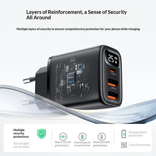 YESIDO YC120L 25W Fast Charger with USB-C to iP Cable Digital Display 3-Port Power Adapter, EU Plug - Black - 2