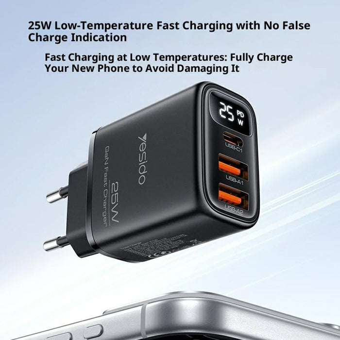 YESIDO YC120L 25W Fast Charger with USB-C to iP Cable Digital Display 3-Port Power Adapter, EU Plug - Black - 3