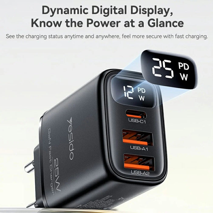 YESIDO YC120L 25W Fast Charger with USB-C to iP Cable Digital Display 3-Port Power Adapter, EU Plug - Black - 5