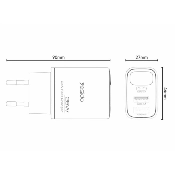 YESIDO YC120L 25W Fast Charger with USB-C to iP Cable Digital Display 3-Port Power Adapter, EU Plug - Black - 6