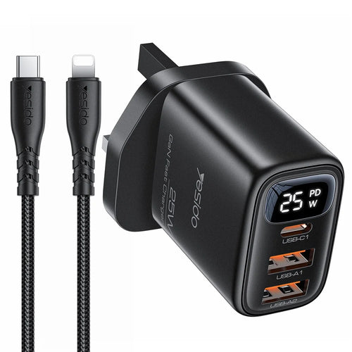YESIDO YC163L 25W Fast Charger with USB-C to iP Cable Digital Display 3-Port Power Adapter, UK Plug - Black - 1