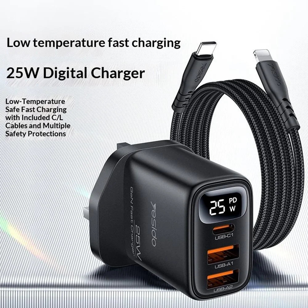 YESIDO YC163L 25W Fast Charger with USB-C to iP Cable Digital Display 3-Port Power Adapter, UK Plug - Black - 2