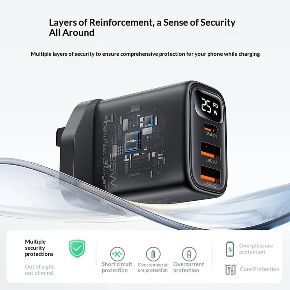 YESIDO YC163L 25W Fast Charger with USB-C to iP Cable Digital Display 3-Port Power Adapter, UK Plug - Black - 3