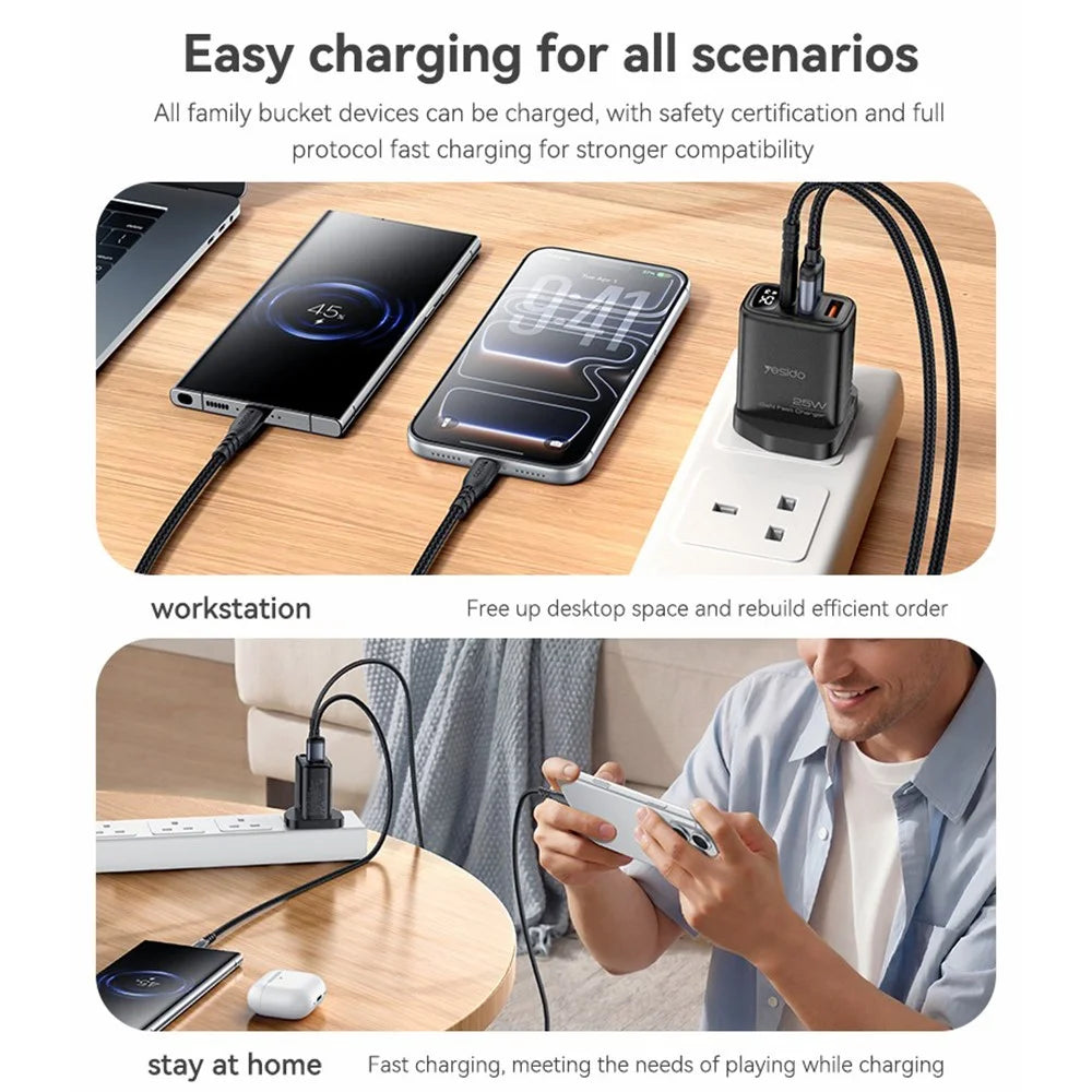 YESIDO YC163L 25W Fast Charger with USB-C to iP Cable Digital Display 3-Port Power Adapter, UK Plug - Black - 6