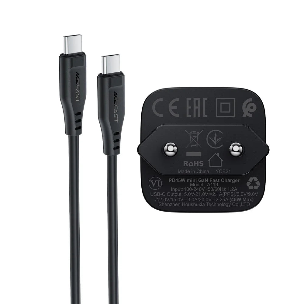 ACEFAST A119 PD 45W Mini GaN USB-C Fast Charger Set with 1.2m USB-C Cable , EU Plug - Black - 7