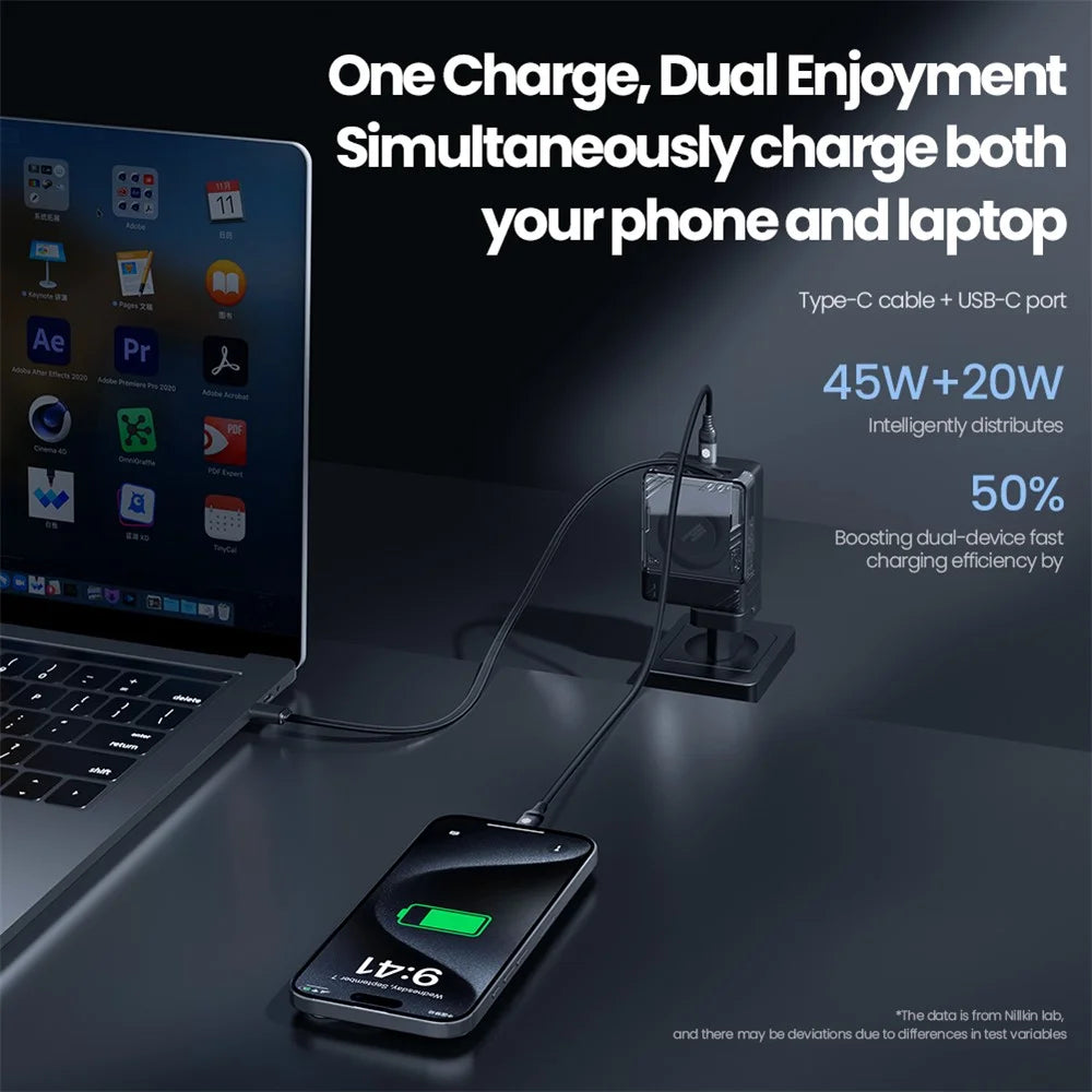 NILLKIN Icecore 65W GaN Fast Wall Charger with Retractable USB-C Cable for Travel, EU Plug - Black - 3