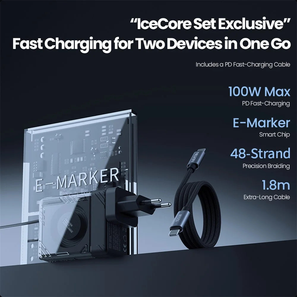 NILLKIN Icecore 65W GaN Fast Wall Charger with Retractable USB-C Cable for Travel, EU Plug - Black - 4