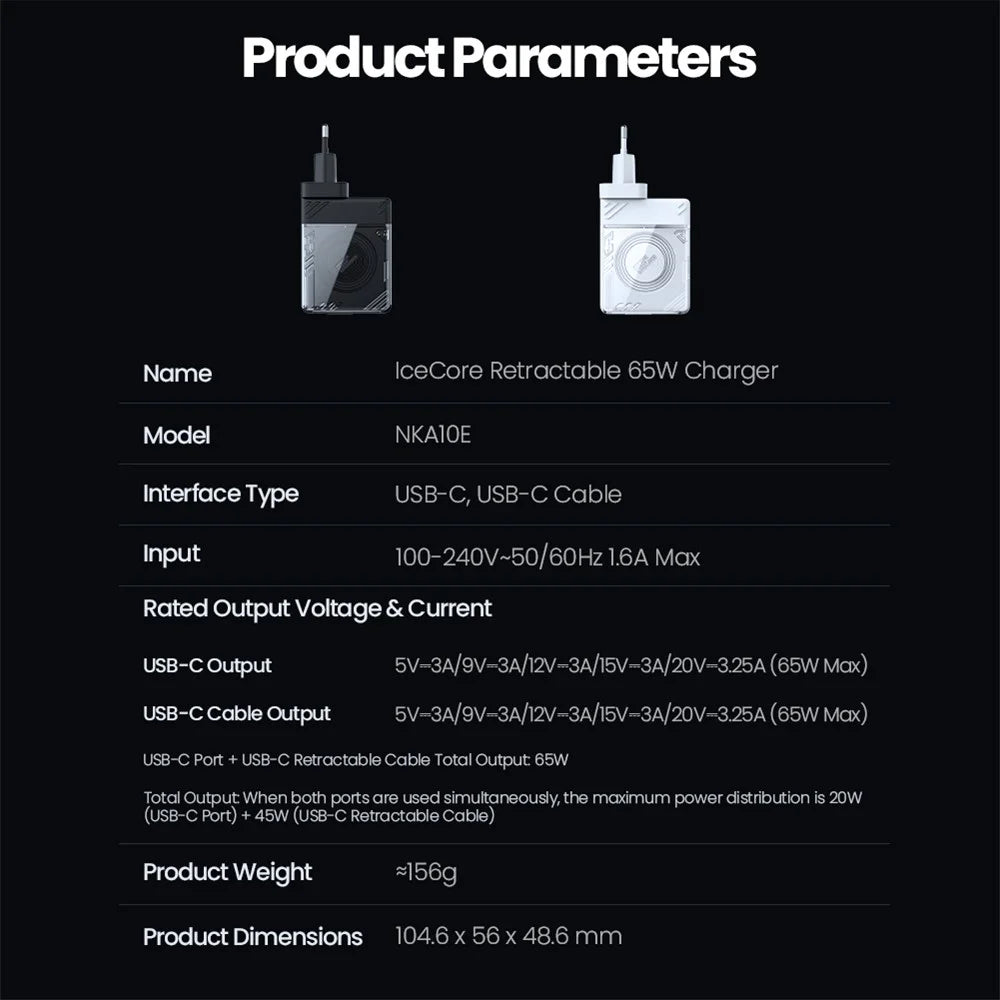 NILLKIN Icecore 65W GaN Fast Wall Charger with Retractable USB-C Cable for Travel, EU Plug - Black - 6