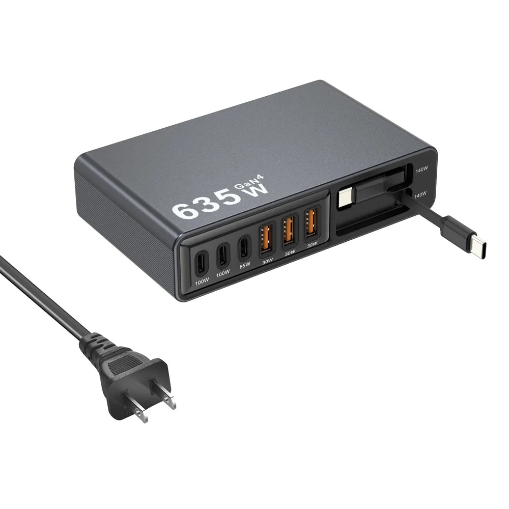 8-Port GaN Desktop Charger 140W Fast Charging Station with Dual Retractable Type-C Cables - US Plug - 1