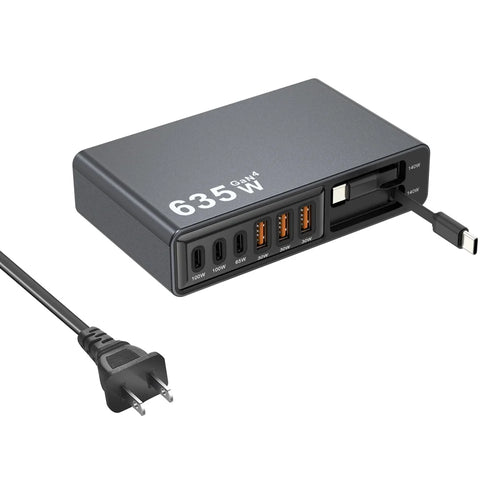 8-Port GaN Desktop Charger 140W Fast Charging Station with Dual Retractable Type-C Cables - US Plug - 1