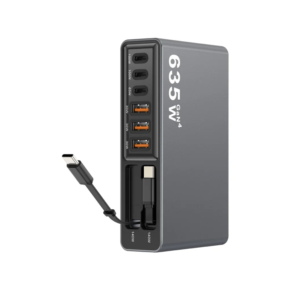 8-Port GaN Desktop Charger 140W Fast Charging Station with Dual Retractable Type-C Cables - US Plug - 2