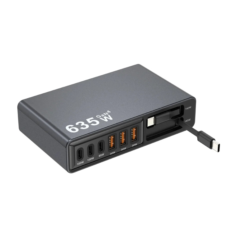 8-Port GaN Desktop Charger 140W Fast Charging Station with Dual Retractable Type-C Cables - US Plug - 7
