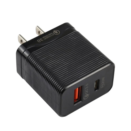 LZ-728 QC 3.0 USB+PD 20W Type-C Travel Wall Charger Fast Charging Phone Adapter for Xiaomi iPhone - Black US Plug - 1